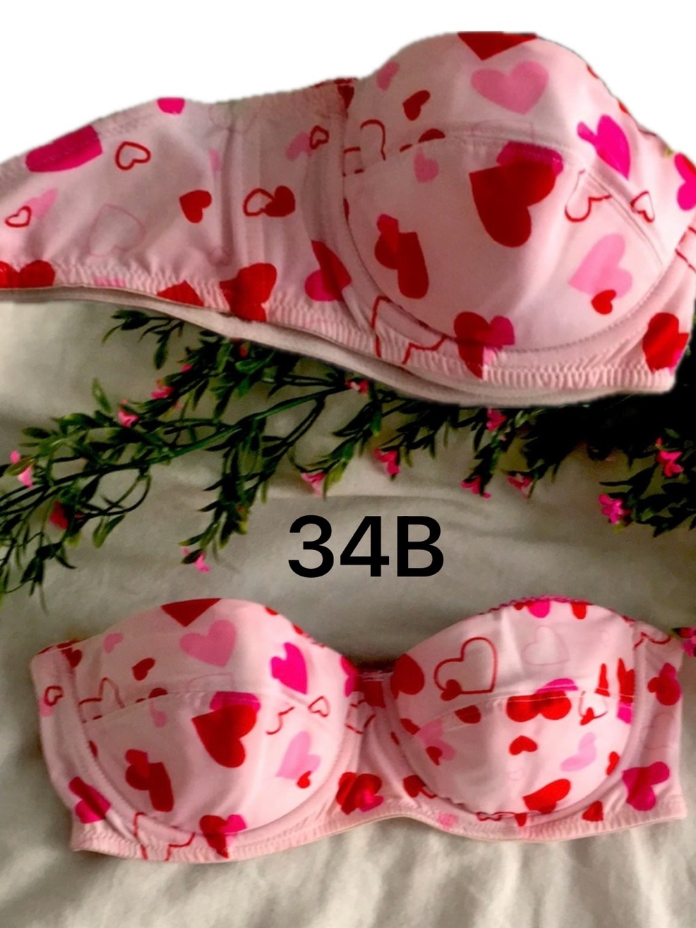 Pink Red Heart Print Strapless Underwire Bra Molded Cups No Straps 34B